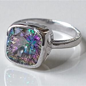 Vintage 925 Silver Rainbow Mystic Topaz Ring Square Gemstone Colorful